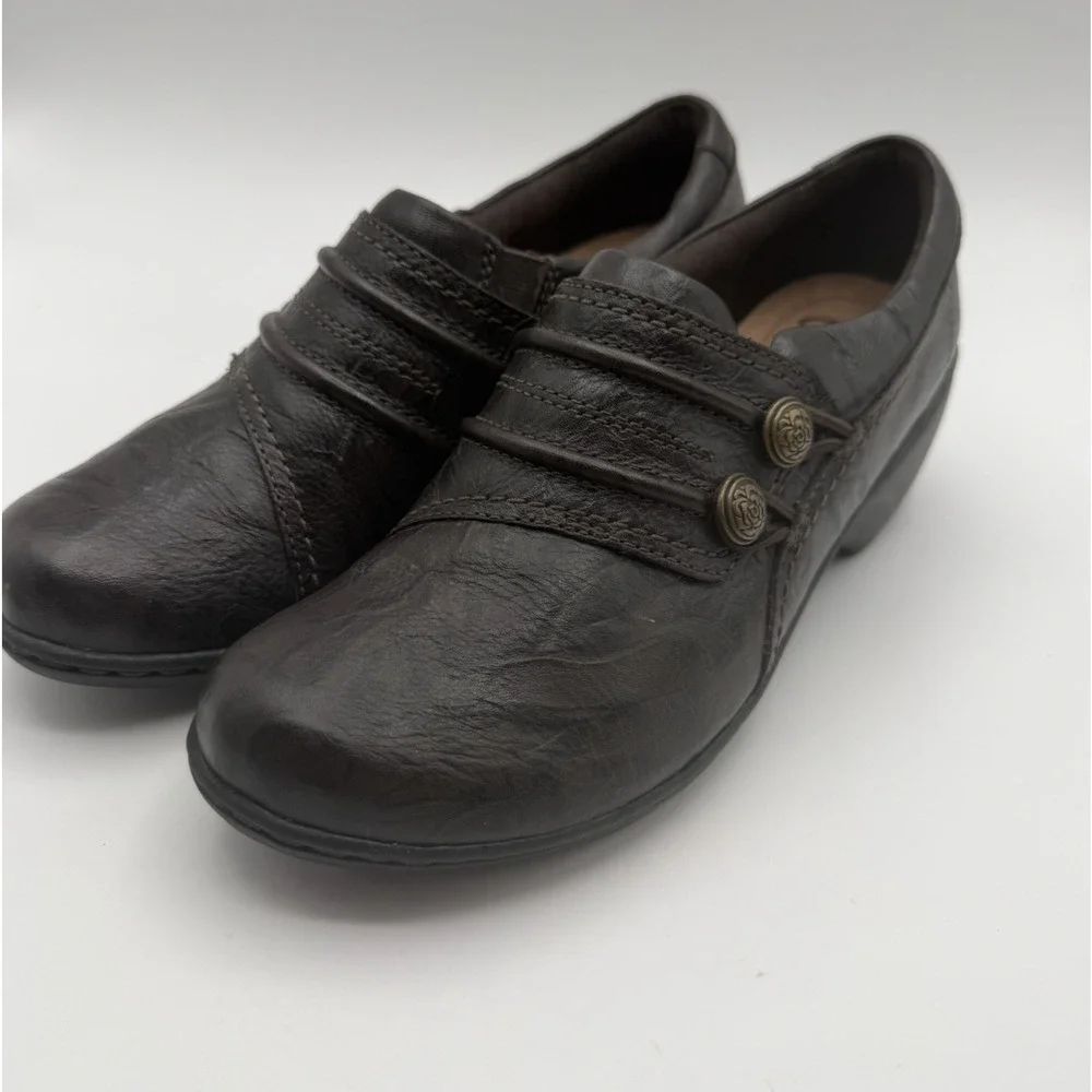 Clarks Mottled Brown Leather Women's Shoes‎ Sz 7 M Rose Button Slip On Comfort